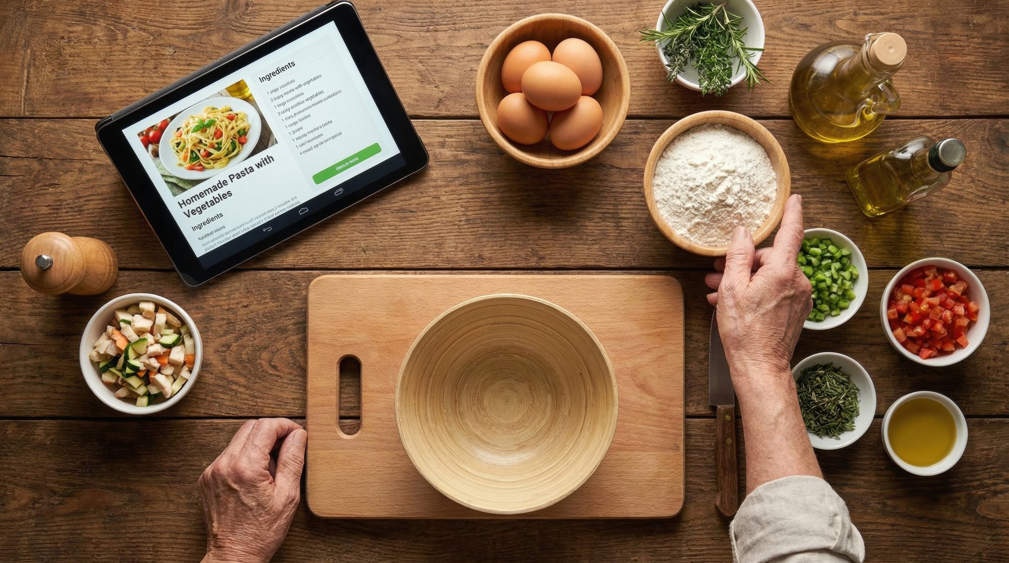 Workspace with plated dishes and recipe notes